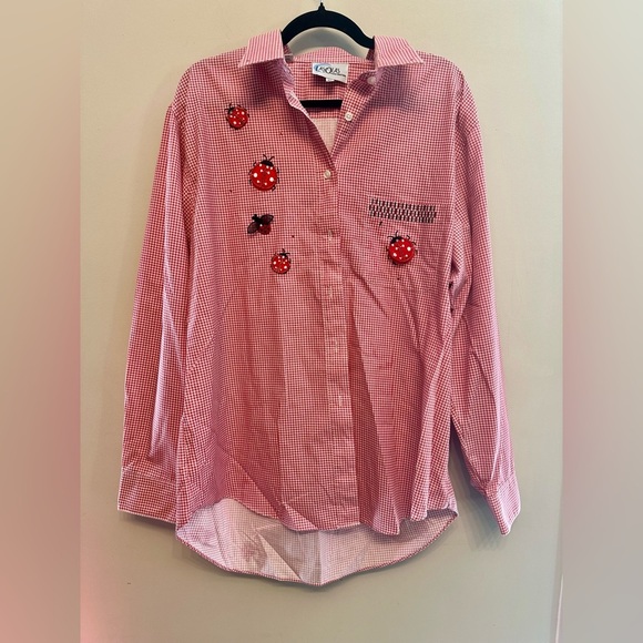 Women's Pink Checkered Button Down Shirt with Ladybug Accents XL - Picture 1 of 6